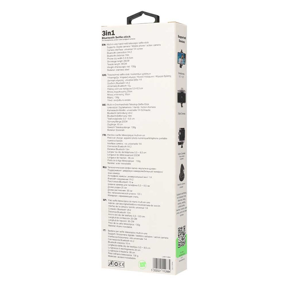 Lamtech 3 In1 Bluetooth Selfie Stick For Smartphones, Action Cameras And Digital Cameras