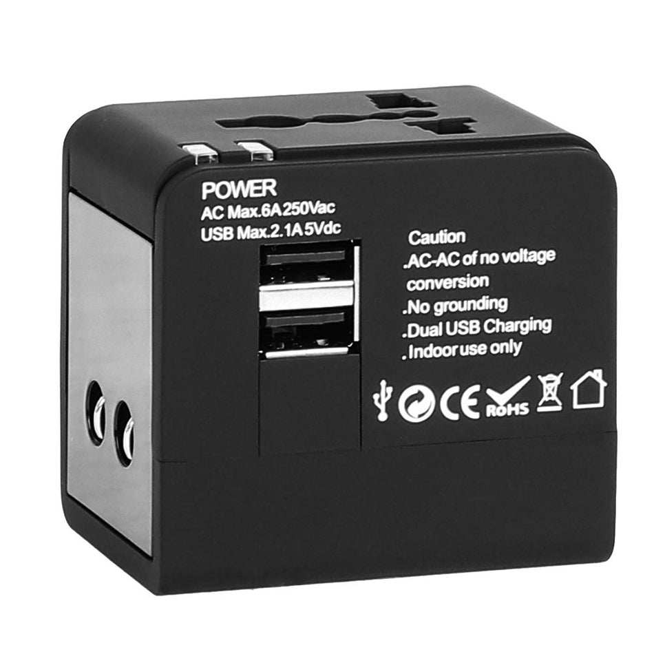 Lamtech Universal Travel Adapter With 2 Usb Ports Ac 6 A Black