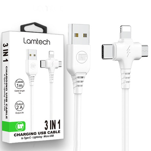 Lamtech 3 In 1 Charging Usb Cable To Type C/Lightning/Micro Usb 1 M White