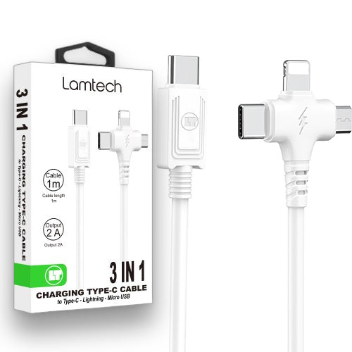 Lamtech 3 In 1 Charging Type C Cable To Type C/Lightning/Micro Usb 1 M White