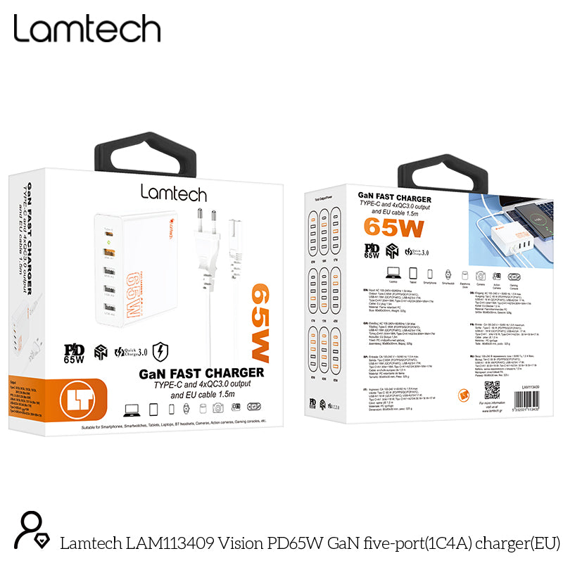 Lamtech Gan Fast Charger 1x Type C & 4x Qc3.0 65 W & Eu Cable 1.5 M