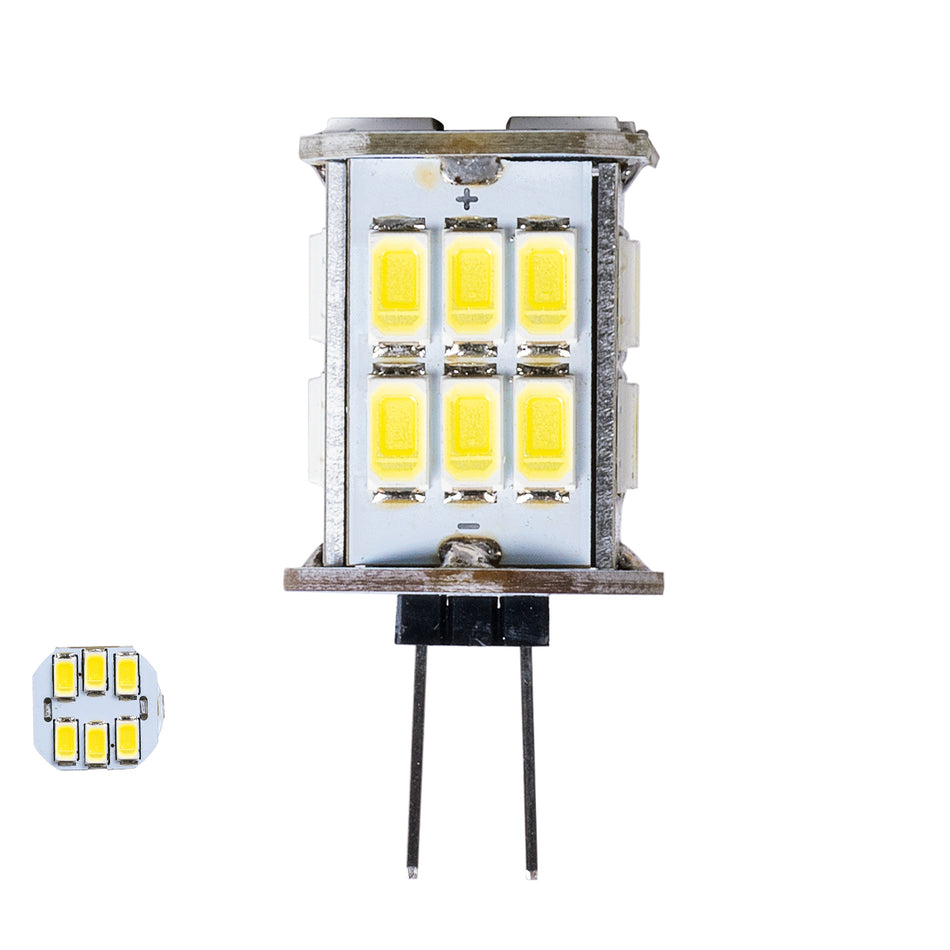 GLOBOSTAR® G4BACK 76135 Λάμπα G4 LED 6W 720lm 320° DC 12-24V IP20 Ψυχρό Λευκό 6000K Dimmable - Sanan SMD Chip - Back Pin - Μ1.9 x Π1.9 x Υ3.7cm - 2 Χρόνια Εγγύηση