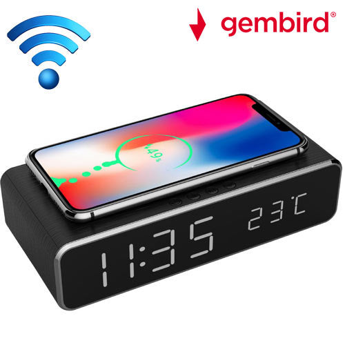 Gembird Digital Alarm Clock With Wireless Charging Function Black