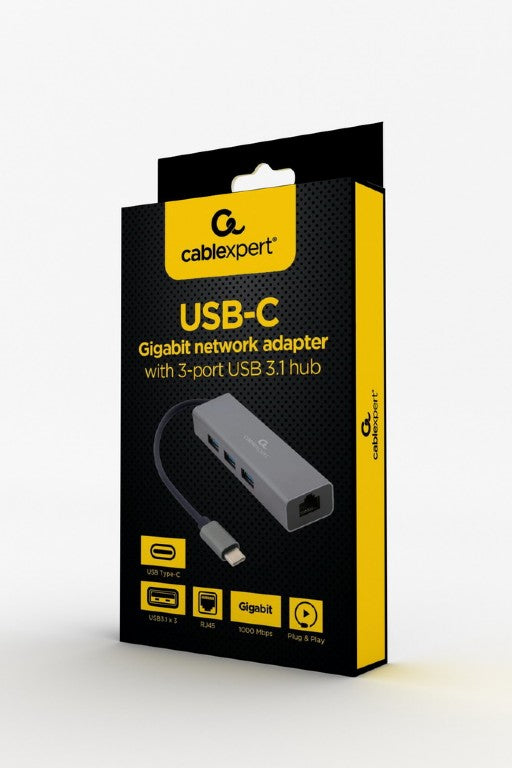 Gembird Type C Gigabit Network Adapter With 3 Port Usb3.1 Hub