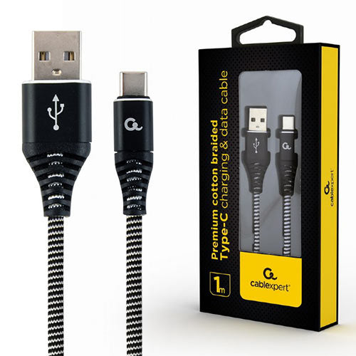 Cablexpert Premium Cotton Braided Type C Usb Charging And Data Cable 1 M Black/White Retail Pack