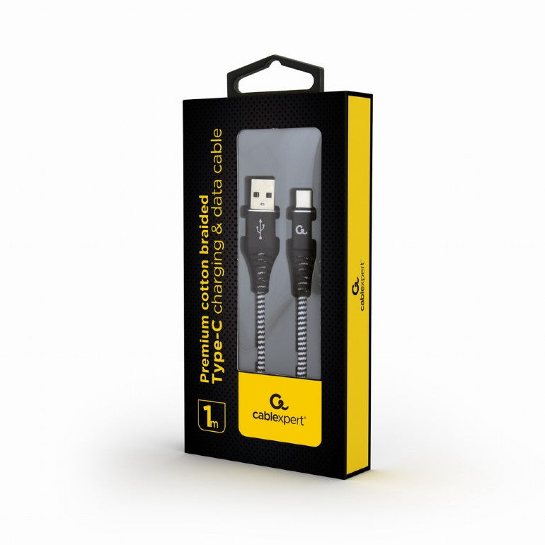Cablexpert Premium Cotton Braided Type C Usb Charging And Data Cable 1 M Black/White Retail Pack