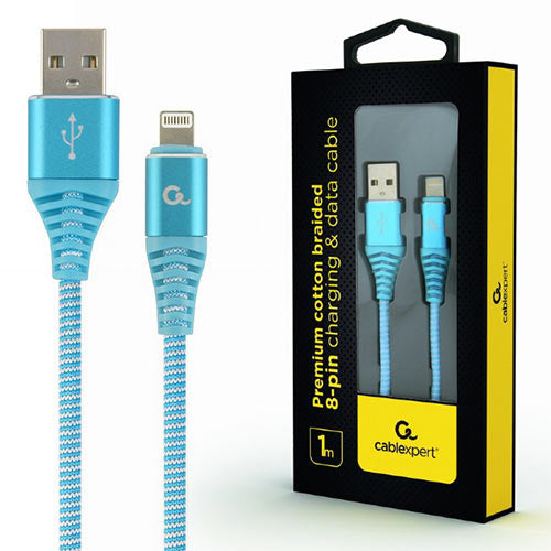 Cablexpert Premium Cotton Braided Lightning Charging And Data Cable 1 M Turquoise/White Retail Pack