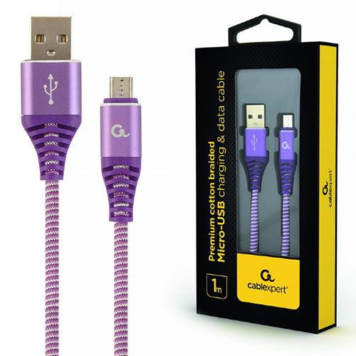 Cablexpert Premium Cotton Braided Micro Usb Charging And Data Cable 1 M Purple/White Retail Pack