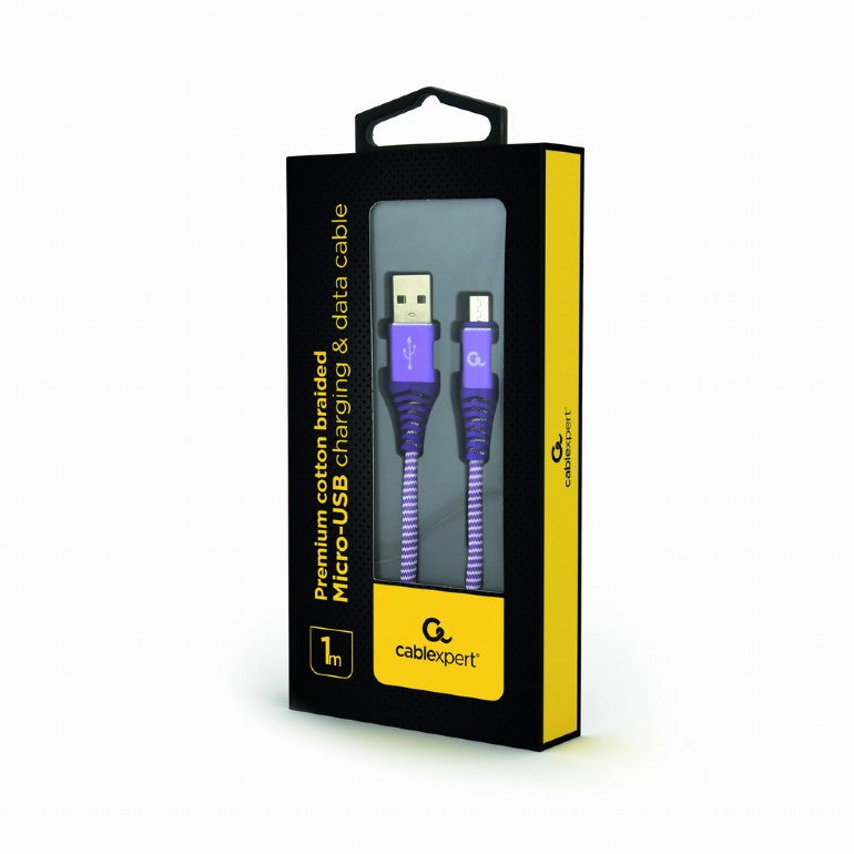 Cablexpert Premium Cotton Braided Micro Usb Charging And Data Cable 1 M Purple/White Retail Pack
