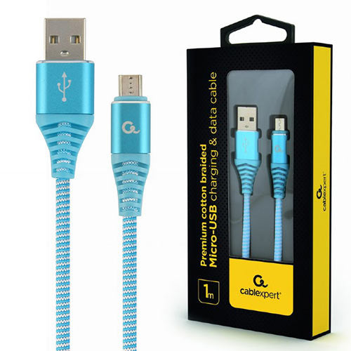 Cablexpert Premium Cotton Braided Micro Usb Charging And Data Cable 1 M Turqouise/White Retail Pack