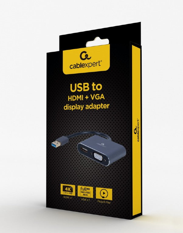 Cablexpert 4 K Usb To Hdmi + Vga Display Adapter Space Grey Retail Pack