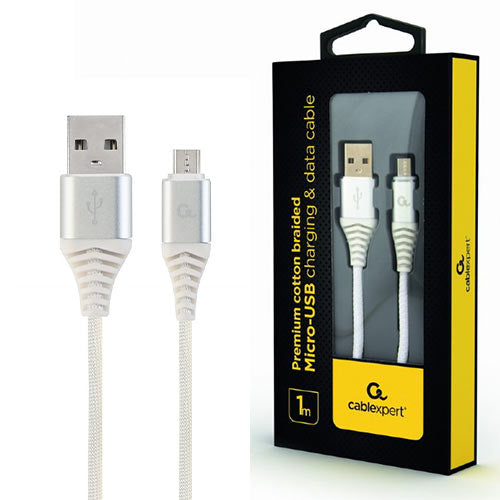Cablexpert Premium Cotton Braided Micro Usb Charging And Data Cable 1 M Silver/White Retail Pack