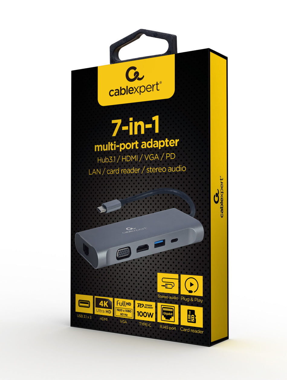 Cablexpert Usb Type C 7 In 1 Multiport Adapter (Hub3.0+Hdmi+Vga+Pd+Card Reader+Stereo Audio)