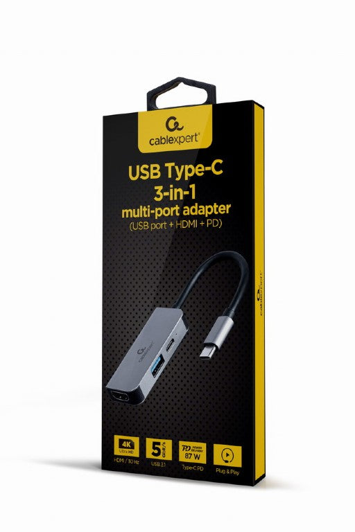 Cablexpert Usb Type C 3 In1 Multi Port Adapter (Usb Port+Hdmi+Pd) Silver