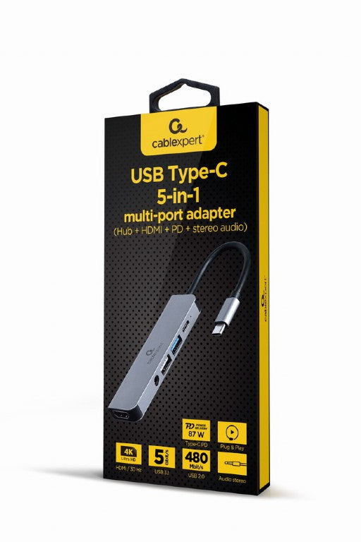 Cablexpert Usb Type C 5 In1 Multi Port Adapter (Hub+Hdmi+Pd+Stereo Audio)