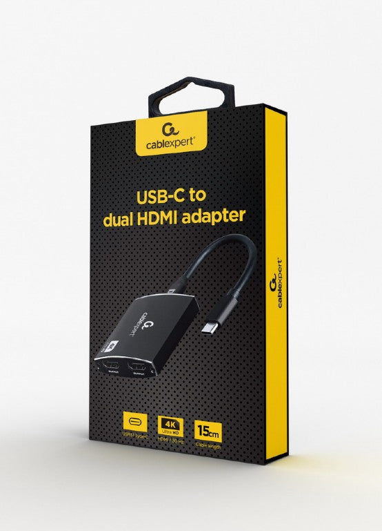 CABLEXPERT USB-C TO DUAL HDMI ADAPTER 4K 60HZ BLACK RETAIL PACK