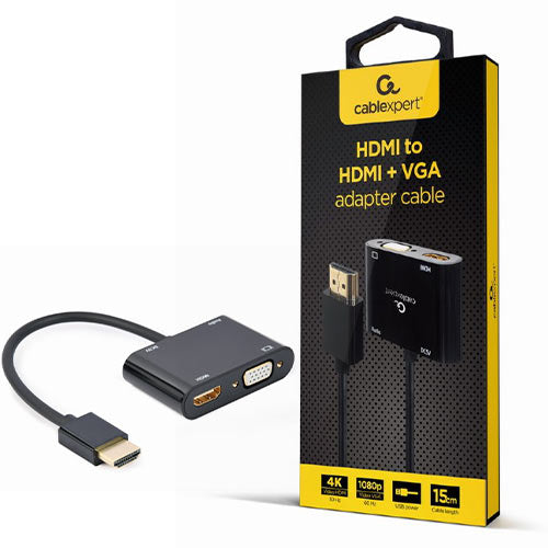 CÂBLE ADAPTATEUR CABLEXPERT HDMI MÂLE VERS HDMI FEMELLE+VGA FEMELLE+AUDIO NOIR EMBALLAGE DE DÉTAIL