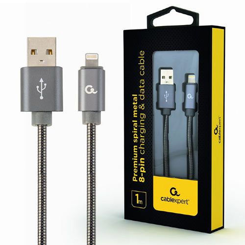 Cablexpert Premium Spiral Metal 8 Pin Charging And Data Cable 1 M Metallic Grey Retail Pack