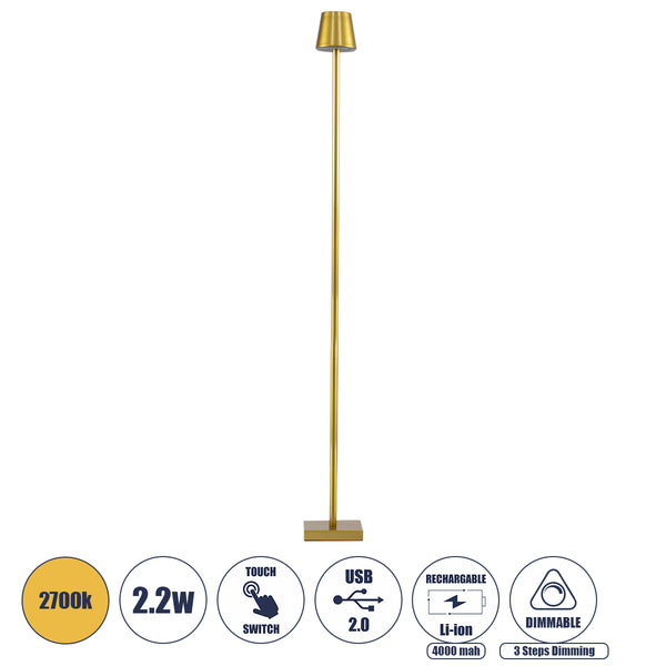 NEGA 60479 LED -uri moderne de podea 2.2W 154lm 360 ° DC 5V reîncărcabil Li -ion 4000MAH - Comutator touch - alb fierbinte 2700K - DIMMABLE - D10 X H135cm - Aur - Garanție de 2 ani