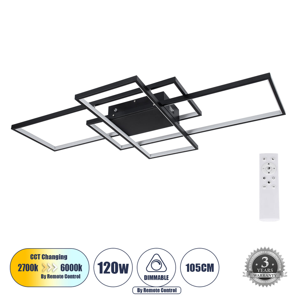 GLOBOSTAR® QUADRA 61388 Μοντέρνο Φωτιστικό Οροφής LED 120W 14400lm 120° AC 220-240V IP20 Ρυθμιζόμενο Λευκό CCT με Χειριστήριο από 2700K έως 6000K Dimmable - Lumileds SMD Chip - Μαύρο Ματ - Μ105 x Π60 x Υ9cm - 3 Χρόνια Εγγύηση