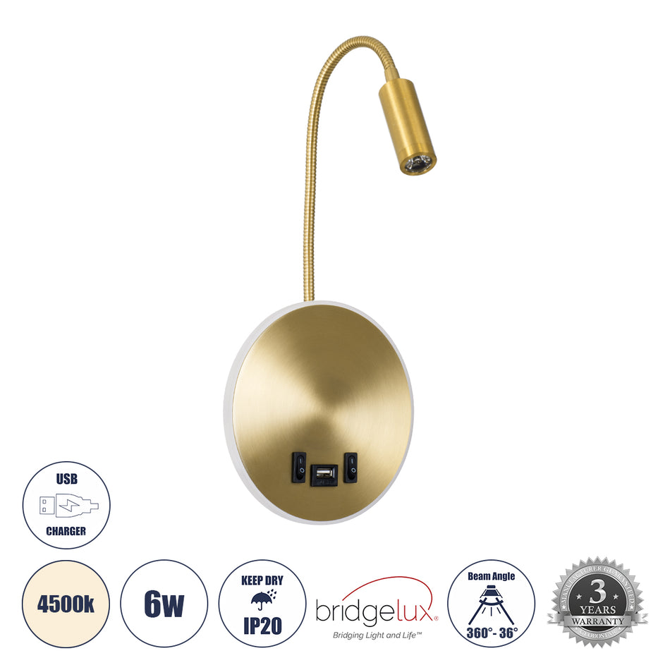 GLOBOSTAR® GOOSE 60885 Μοντέρνο Φωτιστικό Τοίχου - Απλίκα Ξενοδοχείου Reading Light με Φορτιστή USB 3A LED 6W 600lm 36° & 360° AC 220-240V IP20 Φυσικό Λευκό 4500K - CREE XPE & Lumileds SMD Chip & TÜV SÜD Driver - Χρυσό Πλατίνα - Μ15.5 x Π15 x Υ30.5cm -...