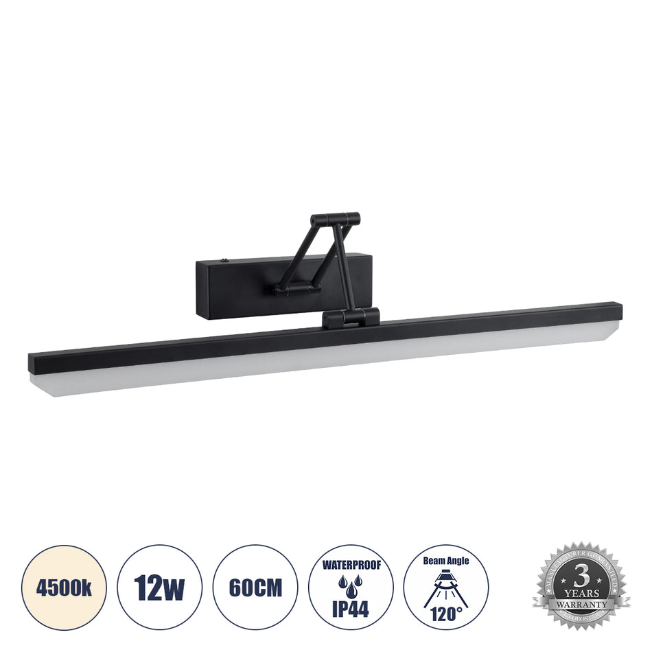 GLOBOSTAR® MARA 60446 Μοντέρνο Φωτιστικό Τοίχου - Απλίκα Καθρέπτη Μπάνιου LED 12W 1400lm 120° AC 220-240V IP44 Φυσικό Λευκό 4500K - Lumileds SMD Chip & TÜV SÜD Driver - Μαύρο Ματ - Μ60 x Π15 x Υ13cm - 3 Χρόνια Εγγύηση