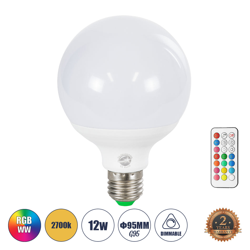 GLOBOSTAR® RGBOO 76071 Λάμπα E27 G95 με IR Ασύρματο Χειριστήριο LED 12W 780lm 260° AC 220-240V IP20 Πολύχρωμο RGB+WW Dimmable - Sanan SMD Chip - Μ9.5 x Π9.5 x Υ14cm - 2 Χρόνια Εγγύηση