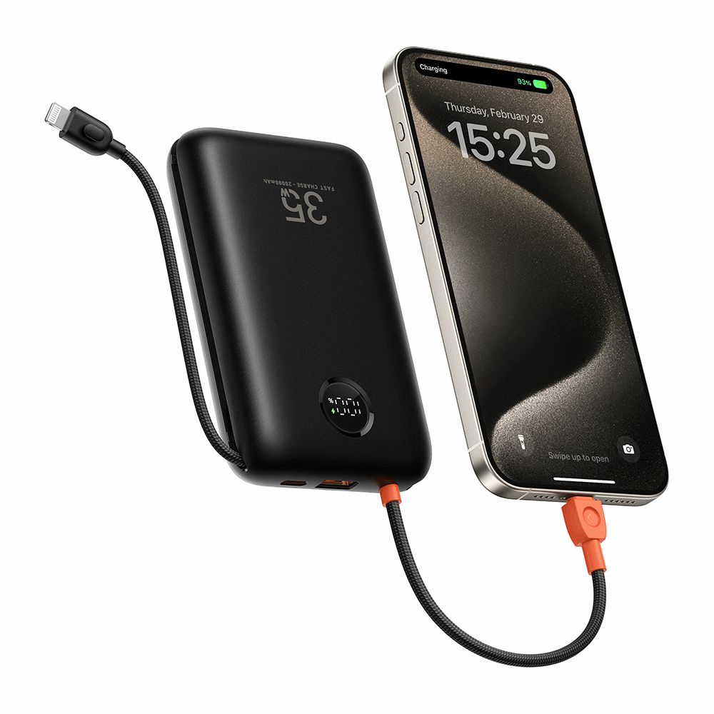 Veger K2 - 20,000mAh 35W PD Digital Display Powerbank With Built In Non-MFI Lightning & USB-C Cable - Black