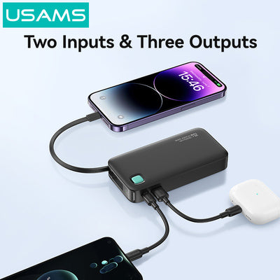 USAMS power bank CD225 με καλώδιο Lightning, 2x θύρες εξόδου, 10000mAh, 20W, λευκό