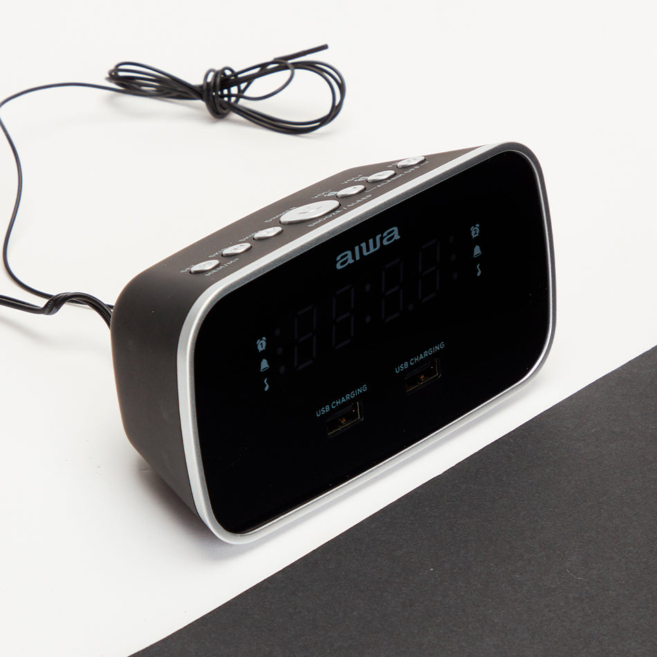 Aiwa Dual Alarm Clock Radio With 2 Charging Usb Ports Black