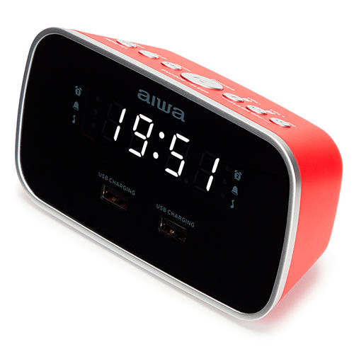 Aiwa Dual Alarm Clock Radio With 2 Charging Usb Ports Red