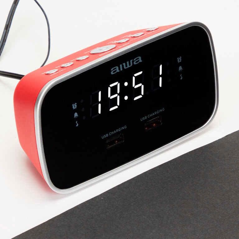 Aiwa Dual Alarm Clock Radio With 2 Charging Usb Ports Red