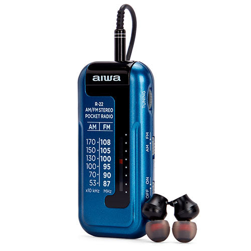 Aiwa Mini Pocket Radio With Earphones Blue