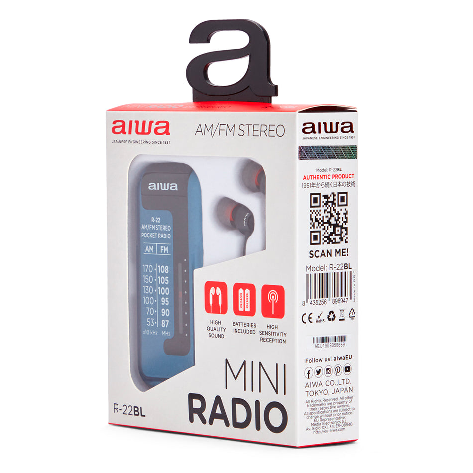 Aiwa Mini Pocket Radio With Earphones Blue
