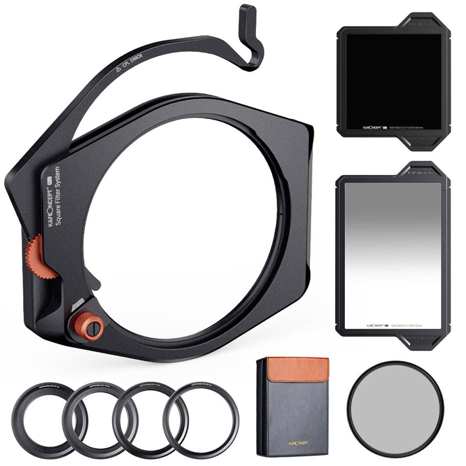 K&F Concept Square Filter Holder System Pro Kit (Filter Holder + 95mm CPL + Square GND8 Filter + ND1000 (10 Stop) + 4 Filter Adapter Rings(SKU.1808)