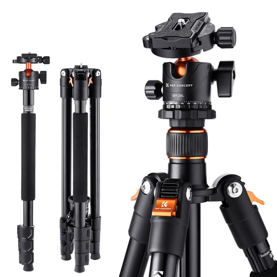 K&F Concept TM2324 Lightweight Travel Tripod Aluminum with 360 Ball Head & Detachable Monopod (KF09.111)