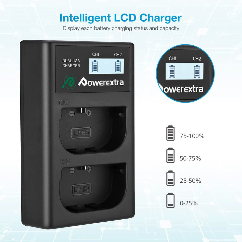 Powerextra DS-LPE6 Dual Battery Charger with USB AC/DC Power Adapter and LCD Display for Canon LP-E6, LP-E6N Battery