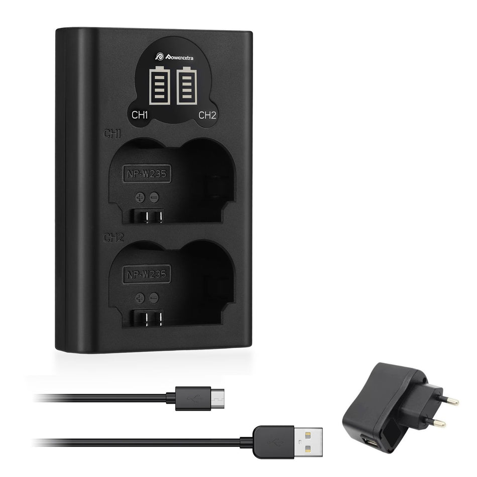 Powerextra FJ-W235 Dual Battery Charger with USB AC/DC Power Adapter and LCD Display for Fujifilm NP-W235 Battery