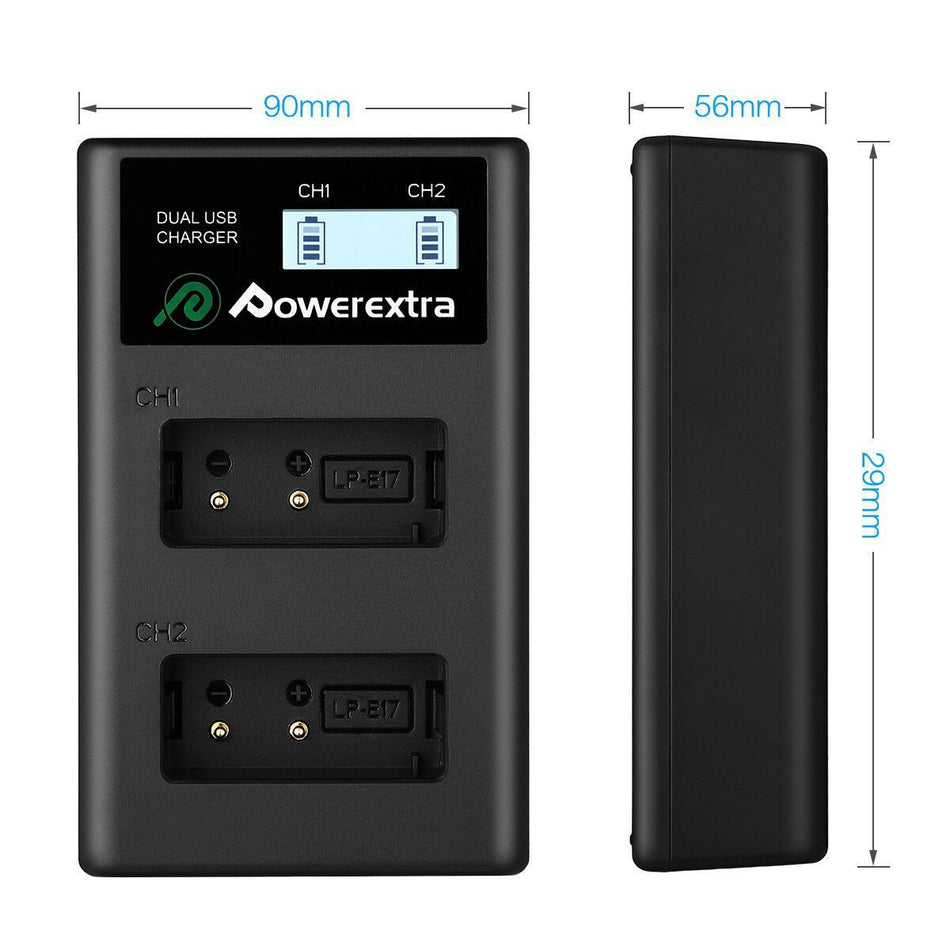 Powerextra DS-LPE17 Dual Battery Charger with USB AC/DC Power Adapter and LCD Display + 2pcs CN-LPE17 Replacement Battery For Canon LP-E17 1350mAh Li-ion