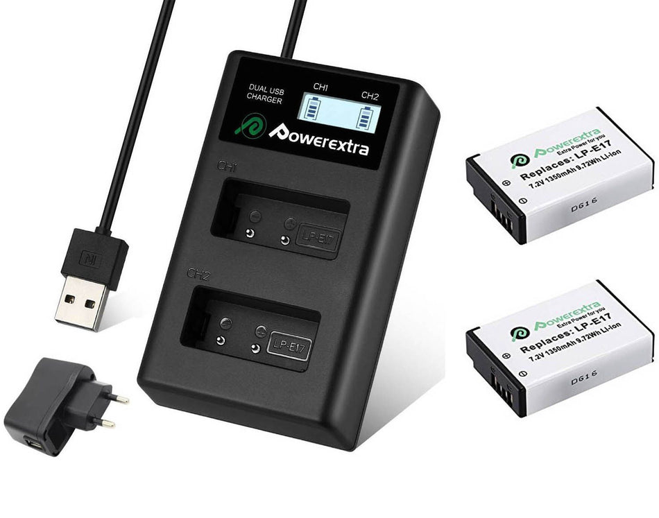 Powerextra DS-LPE17 Dual Battery Charger with USB AC/DC Power Adapter and LCD Display + 2pcs CN-LPE17 Replacement Battery For Canon LP-E17 1350mAh Li-ion