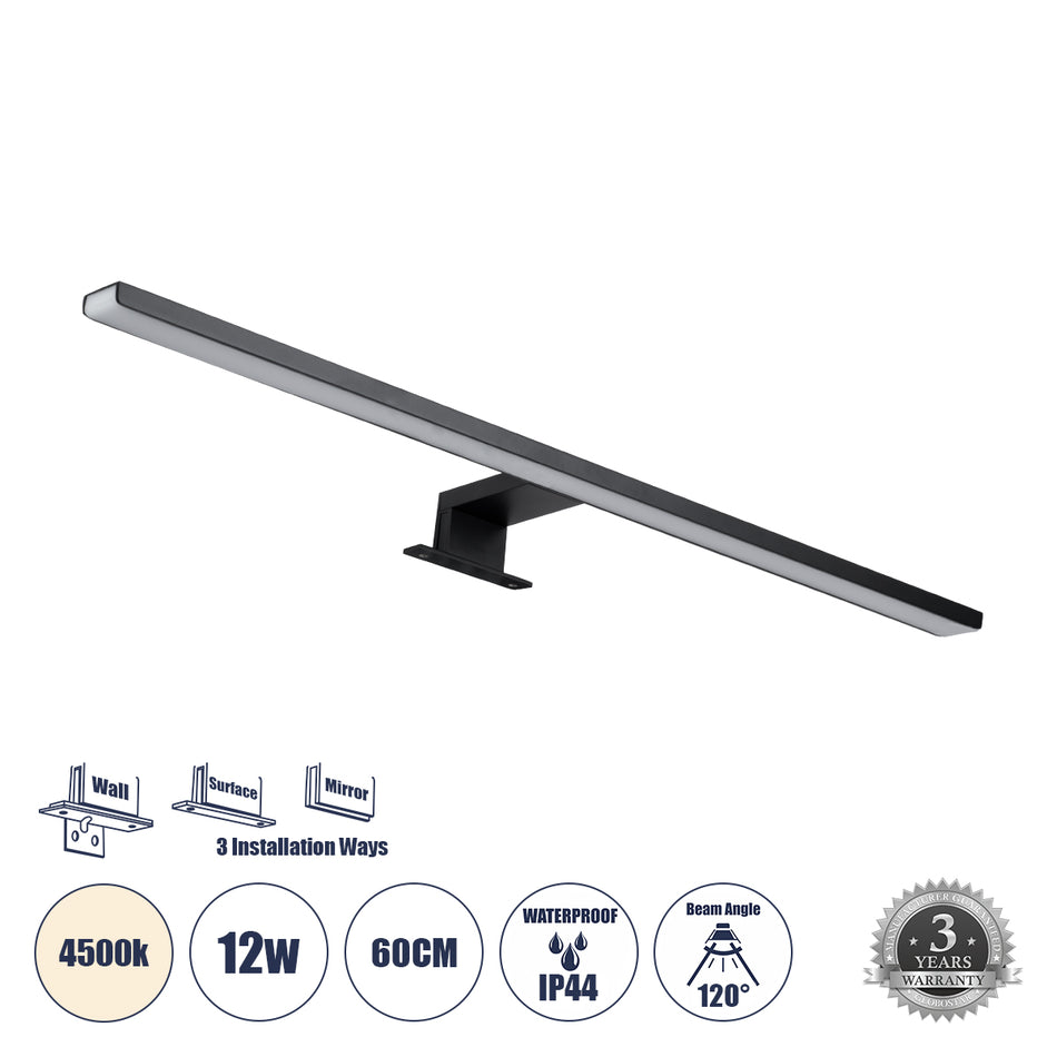 GLOBOSTAR® NINA 60420 Μοντέρνο Φωτιστικό Τοίχου - Απλίκα Καθρέπτη Μπάνιου LED 12W 1400lm 120° AC 220-240V IP44 Φυσικό Λευκό 4500K - Lumileds SMD Chip & TÜV SÜD Driver - Μαύρο Ματ - Μ60 x Π10.5 x Υ4cm - 3 Χρόνια Εγγύηση