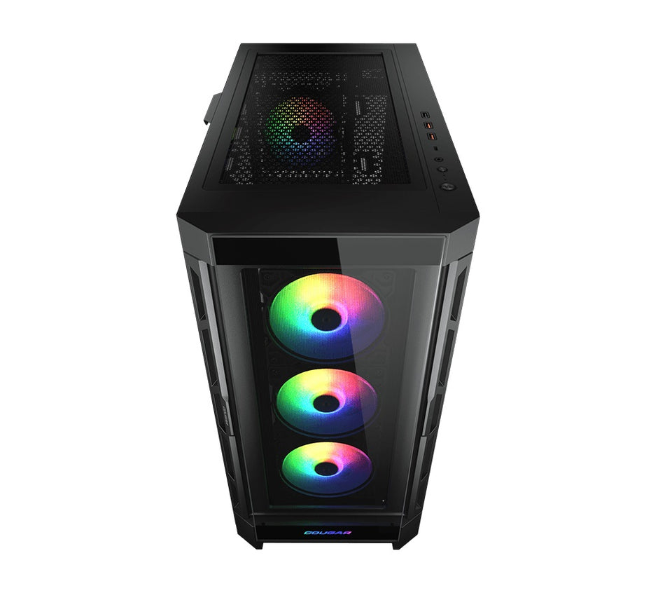 CC-COUGAR Gehäuse DUOFACE PRO RGB Tempered Glass MiddlePlus ATX Schwarz (4x120mm ARGB Lüfter vorinstalliert, 2 Frontpanels)