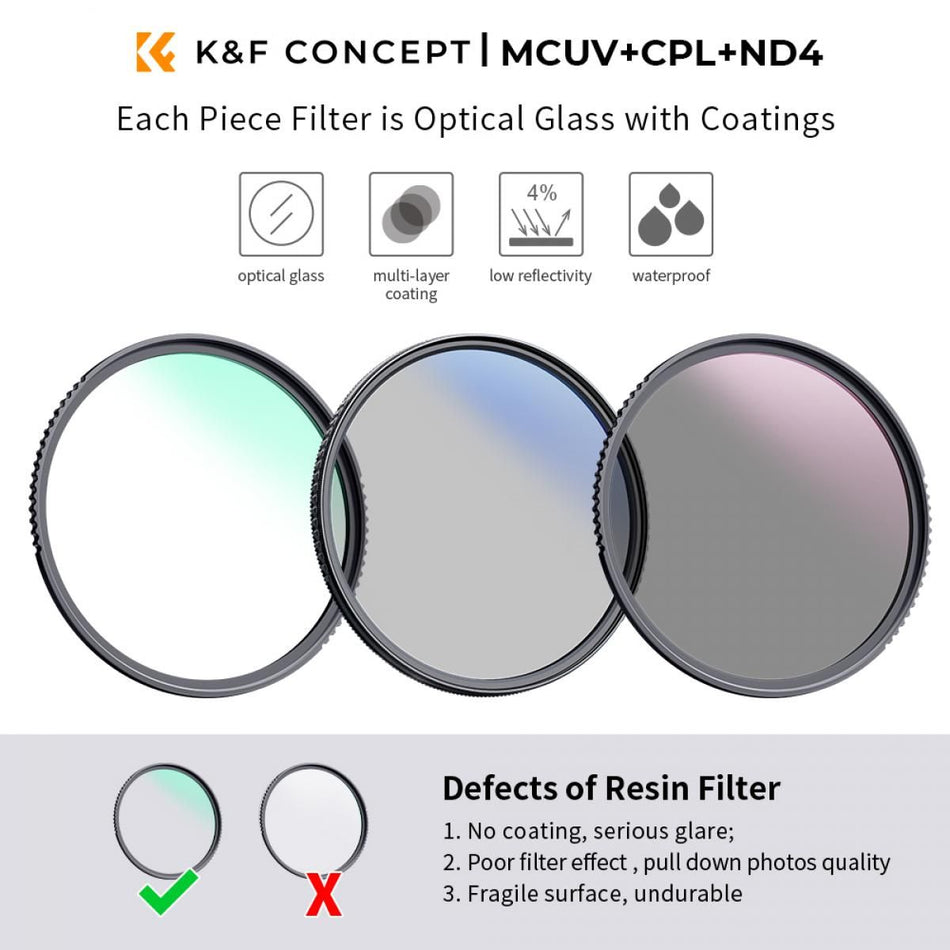 K&amp;F Concept 77 mm MCUV+CPL+ND4 Objektivfilter-Set mit Objektiv-Reinigungstuch und Filterbeutel