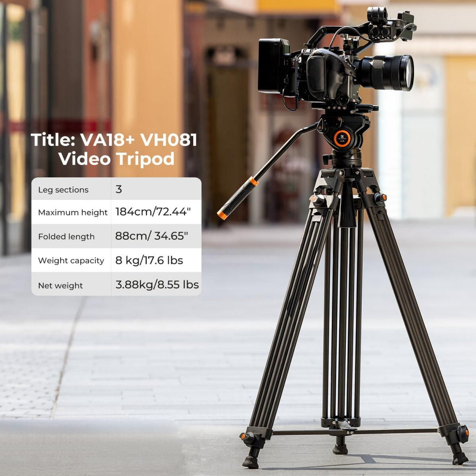K&F Concept VA18+ VH081 Professional Heavy Duty Video Aluminum Tripod with Fluid Head (KF09.121)