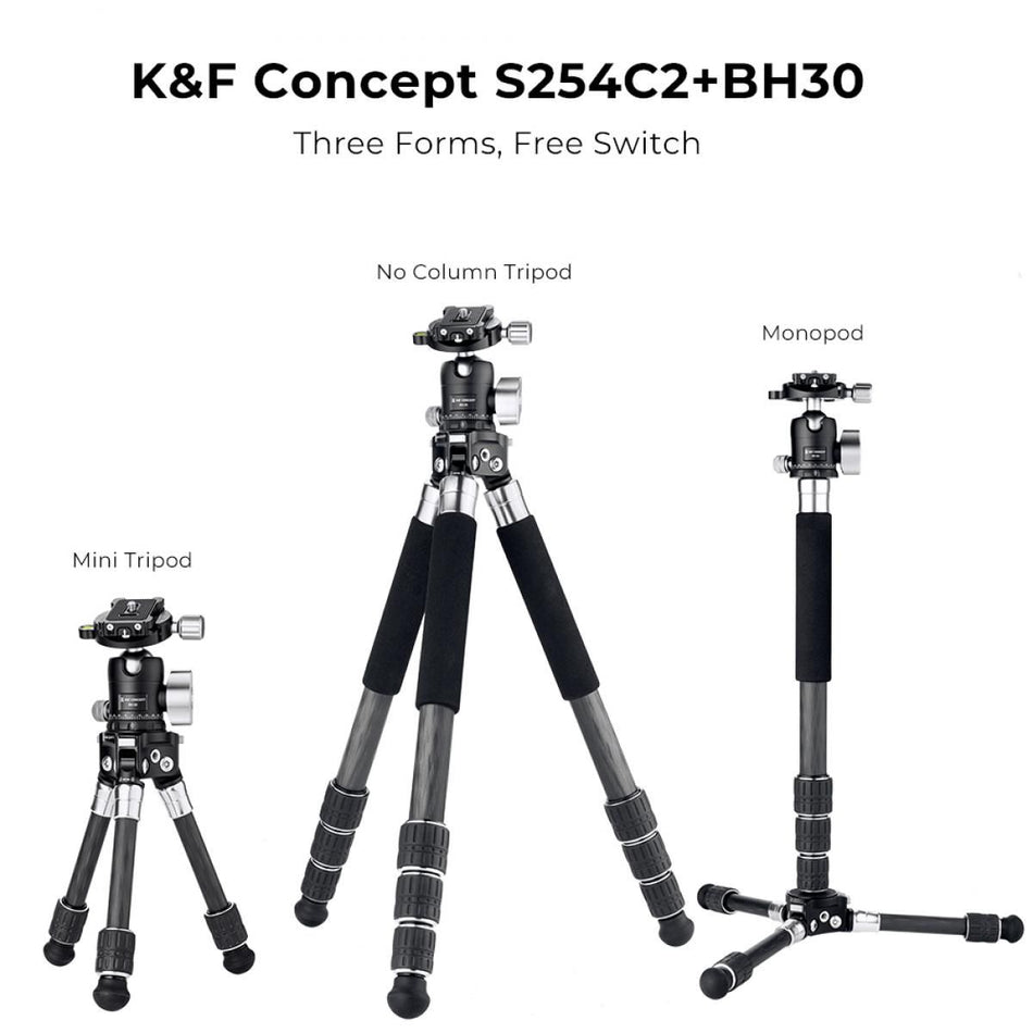 K&F Concept S254C2+BH30 Lightweight Carbon Fiber Tripod, Detachable Monopod, Mini Tripod (KF09.113)