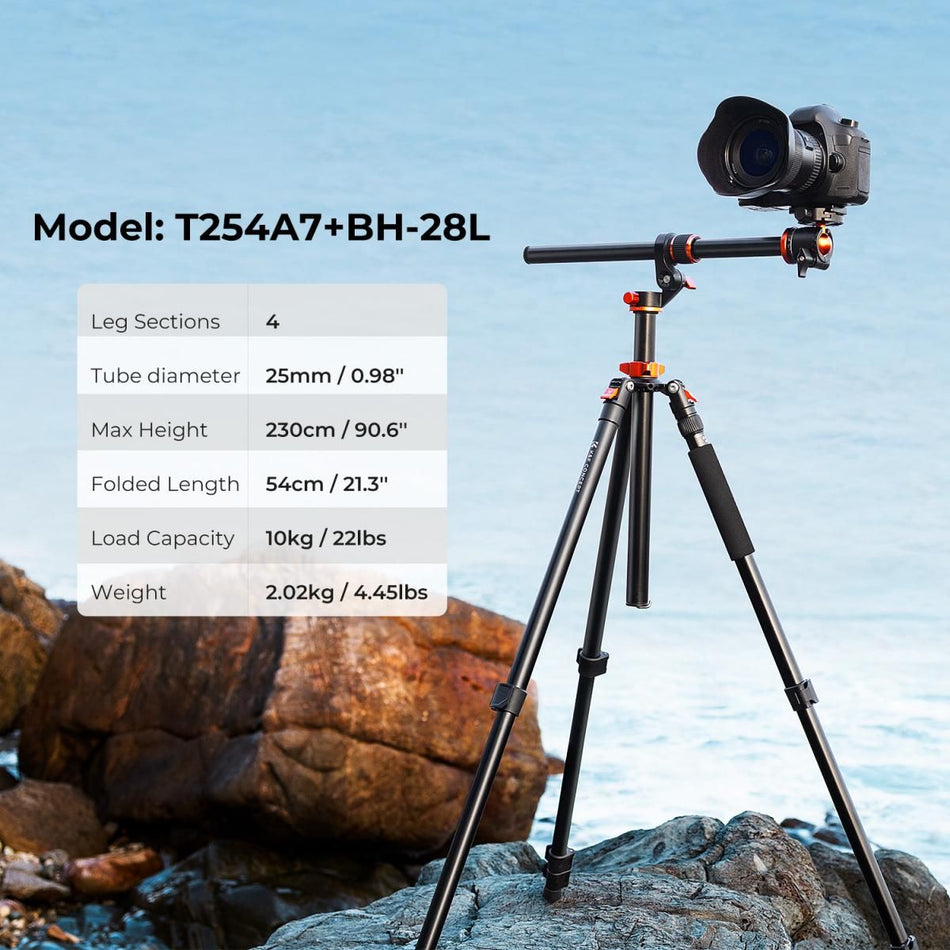K&F Concept T254A7+BH-28L Magnesium Aluminum Tripod, Rotatable Multi-Angle Center & Detachable Monopod (KF09.119)