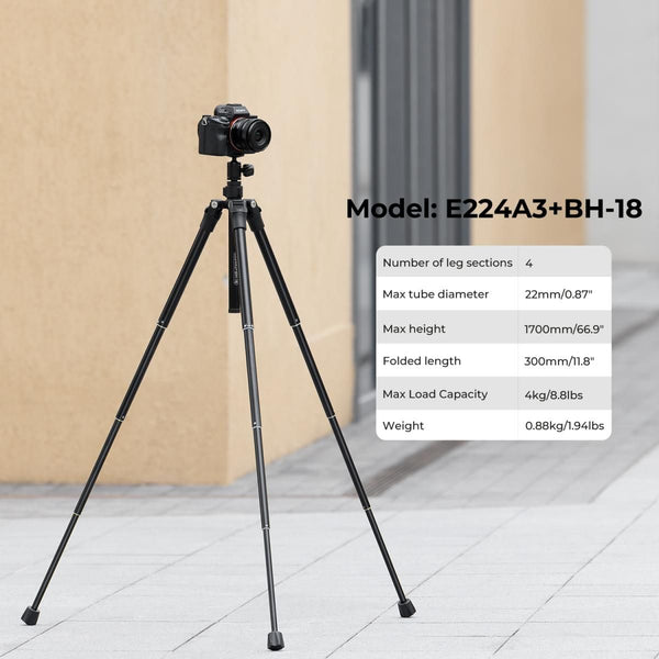 K&F Concept E224A3+BH-18 Aluminum Portable Tripod with Phone Clamp & Bluetooth Shutter Remote Control for Mobile Phones (KF09.120)