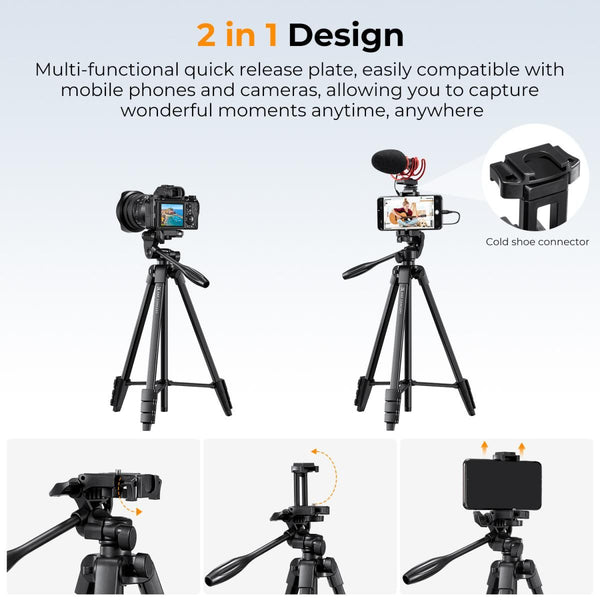 K&F Concept B174A1 Aluminum Travel Tripod with Phone Clamp & Bluetooth Shutter Remote Control for Mobile Phones (KF09.125)