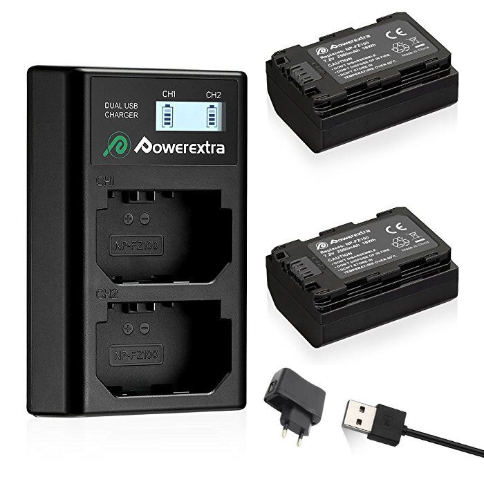 Powerextra SN-FZ100LCD-B Dual Battery Charger with USB AC/DC Adapter and LCD Display + 2pcs NP-FZ100 Replacement Battery For Sony NP-FZ100 2500mAh Li-ion