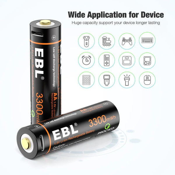 EBL TB-1443 AA Li-Ionen-Akkus 3300 mAh 1,5 V mit Micro-USB-Anschluss und 4 Ladekabeln